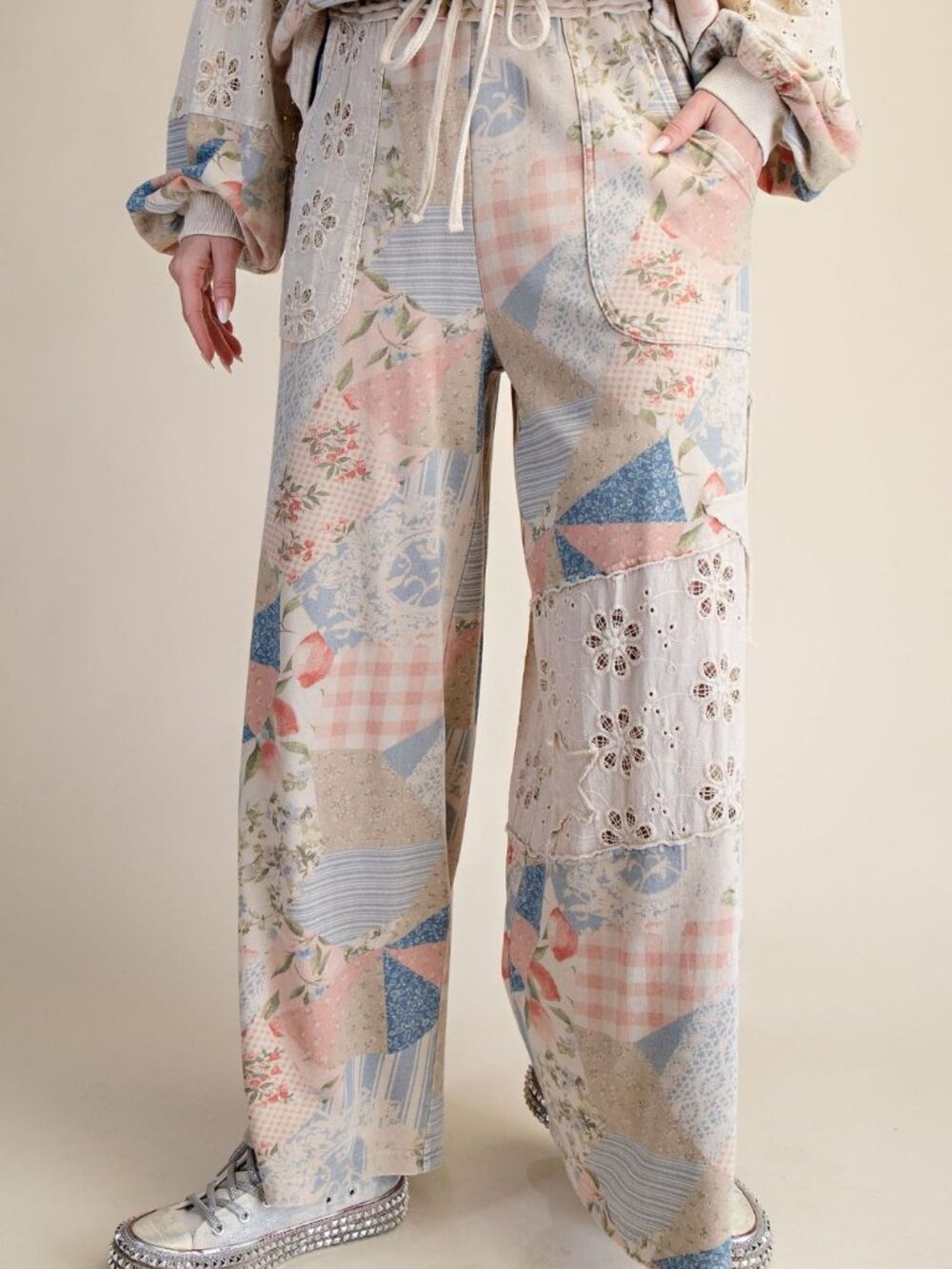 EASEL PATCHWORK PRINT WASHED COTTON TERRY TOP PANTS SET white blue pink lounge - Picture 8 of 9